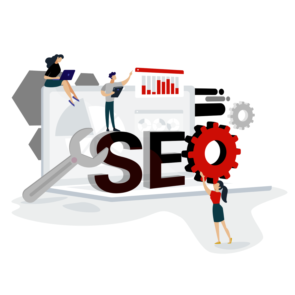 Clipart people building on the letters SEO